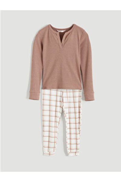 LC Waikiki M1 Sezon Brown Cowl Neck Plaid Women's Pajama Set