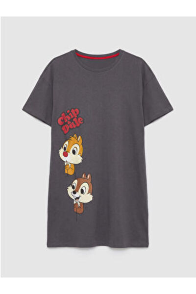LC Waikiki M1 Sezon Gray Crew Neck Chip and Dale Printed Women's Nightgown