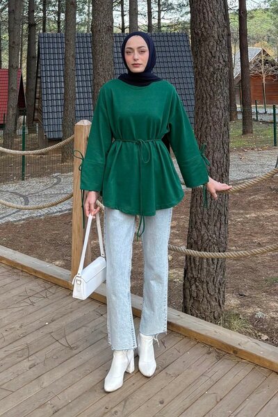 lamelif Slit Detailed Sweatshirt Emerald Green
