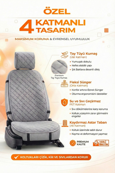 e-biz Oto Koltuk Kılıfı Tay Tüyü 4 Katmanlı Minder Tekli Ön – Terletmez,Kaymaz,Su Geçirmez,Airbag Uyumlu