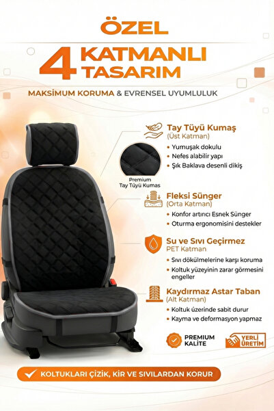 e-biz Oto Koltuk Kılıfı Tay Tüyü 4 Katmanlı Minder Tekli Ön – Terletmez,Kaymaz,Su Geçirmez,Airbag Uyumlu