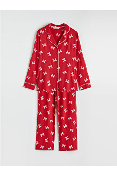 LC Waikiki M1 Sezon Red Shirt Collar Bow Printed Women's Pajama Set