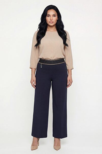 EXİTLİNE Women's Navy Blue Summer Trousers with Ribbed Stone Accessories at t...