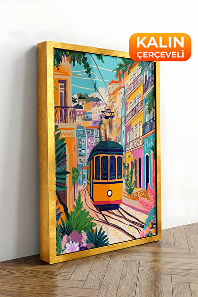 Zestia Εκτύπωση σε καμβά με χρυσό πλαίσιο Yellow Tramways Streets - Cityscape...