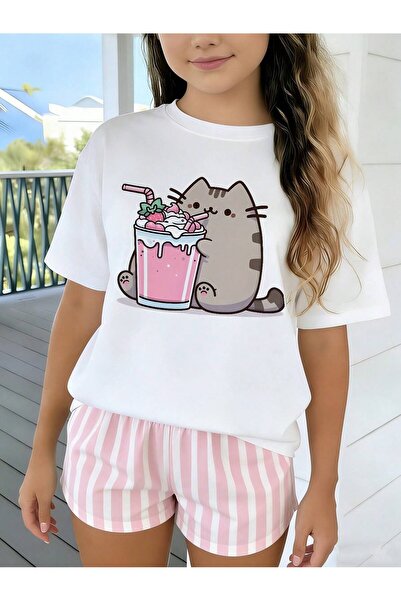 Velostra Girl's Sweet Cat Printed Oversized Comfortable Daily Use Combed Cott...