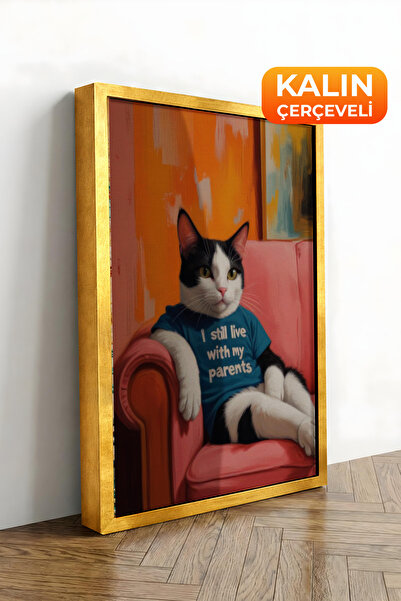 Zestia Tablou pe pânză cu ramă aurie Resting pisică – Stilized Home Premium S...