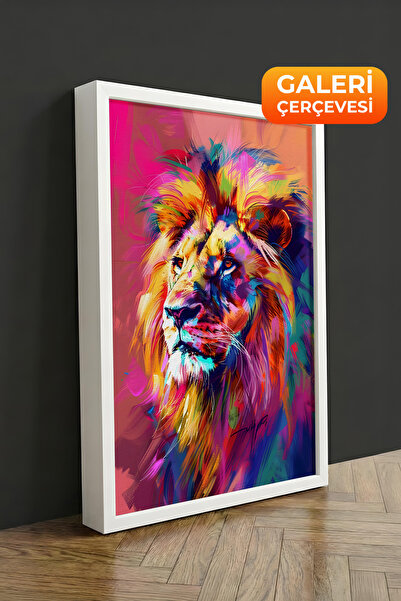 Zestia Tablou pe pânză înrămată albă, portret colorat cu leu, Seria Premium N...