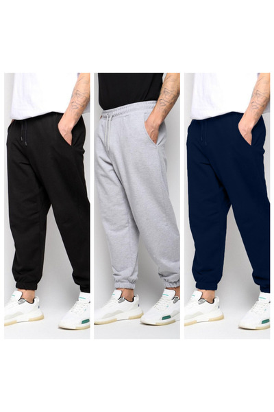 GOLSREY Set of 3 Elasticated Hem Men's Sweatpants (Regenerated Fabric)