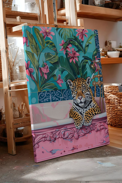 Zestia Πίνακας σε καμβά Λεοπάρ, Ταπετσαρία με λουλούδια, Σειρά Ψηφιακής Τέχνη...