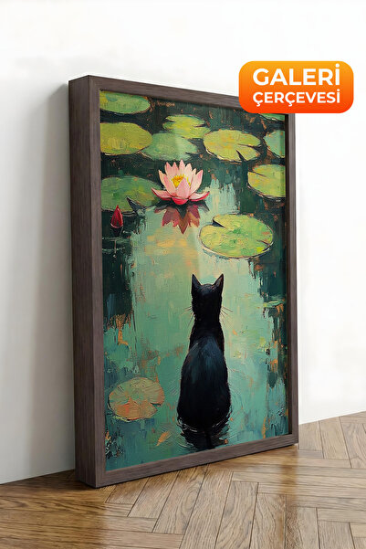 Zestia Καφέ πλαισιωμένος πίνακας σε καμβά με γάτα σε φύλλο νούφαρου, σειρά Pr...