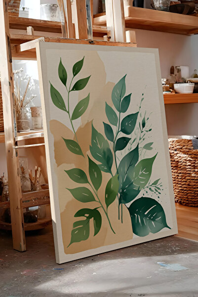 Zestia Πίνακας σε καμβά με πράσινα φύλλα, μίνιμαλ φυτό της σειράς Premium No ...