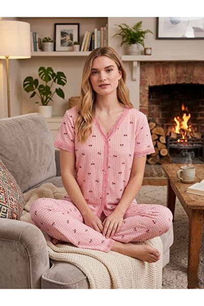 NOCHES PYJAMAS Women's Pink Buttoned Checked Cherry Thin Wrinkled Pajama Set