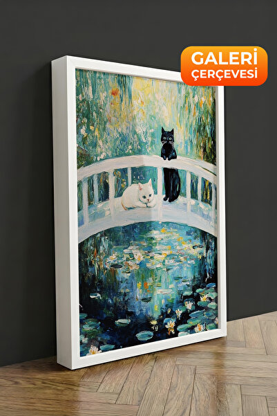 Zestia Tablou pe pânză înrămată albă pisică și Pod în stil Monet Seria Premiu...