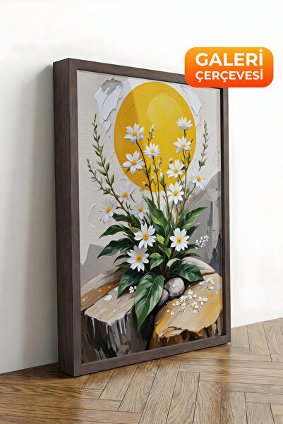 Zestia Καφέ πλαισιωμένος πίνακας σε καμβά με μαργαρίτες σε βάζο-Χαρούμενη Βοτ...