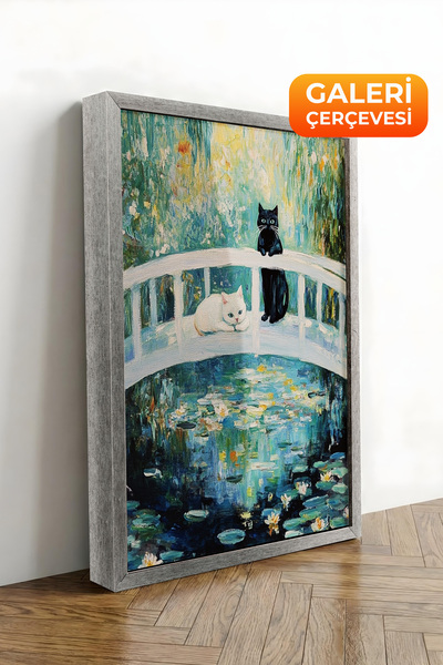 Zestia Tablou pe pânză înrămat cu argint pisică și Pod în stil Monet Seria Pr...