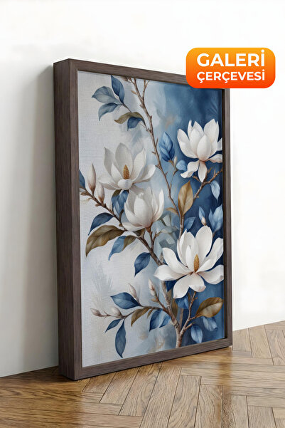 Zestia Καφέ πλαισιωμένος καμβάς με λευκά κλαδιά μανόλιας Premium Σειρά Νο 102597