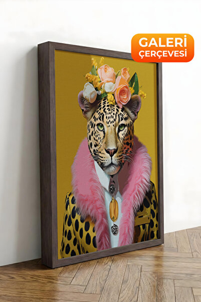 Zestia Tablou pe pânză înrămată maro, portret cu leopard înflorit, Seria Prem...