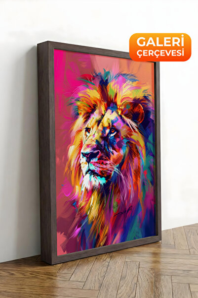 Zestia Tablou pe pânză înrămată maro, portret colorat cu leu, Seria Premium N...