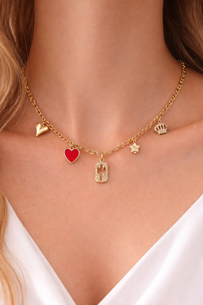 Takıtolia Vecharm No:1 Gold Color Heart Cactus Crown and Star Charm Bijouteri...
