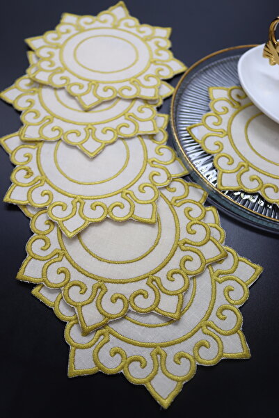 vipceyiz Embroidered Fabric Coaster Gold Patterned 6 Pieces
