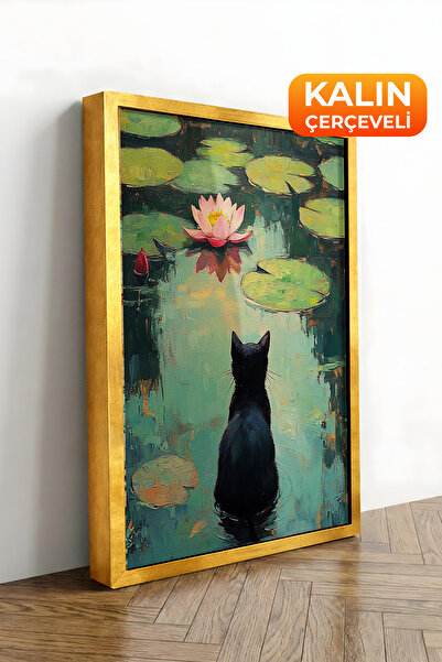 Zestia Εκτύπωση σε καμβά με χρυσό πλαίσιο: Γάτα σε φύλλο νούφαρου, Σειρά Prem...