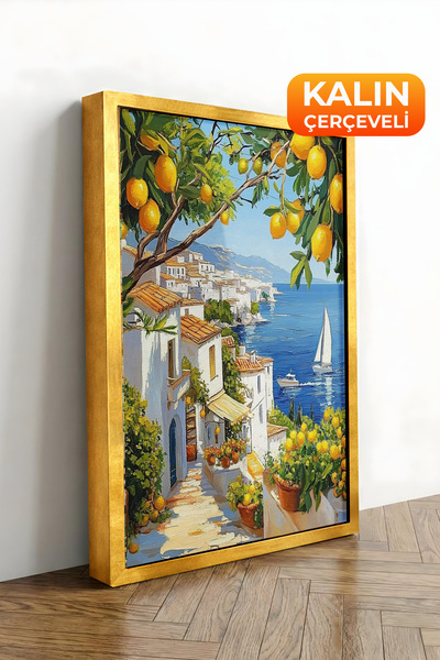 Zestia Tablou pe pânză înrămat cu aur, pe litoralul Mediteraneii, cu lămâi și...