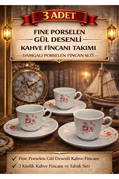 fine porcelain Fine Porcelain Rose Patterned 3-Piece Coffee Cup Set – Stamped...