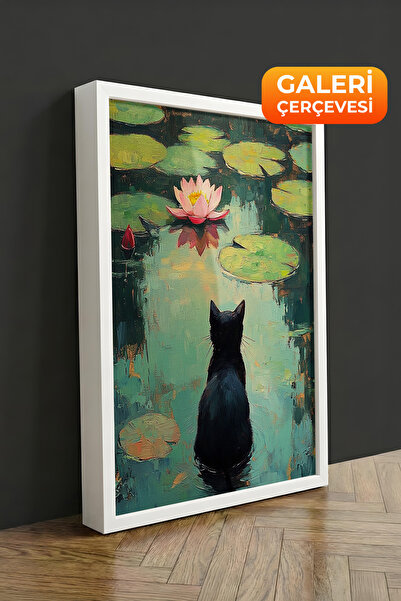 Zestia Πίνακας σε καμβά με λευκό πλαίσιο: Γάτα σε φύλλο νούφαρου, Σειρά Premi...