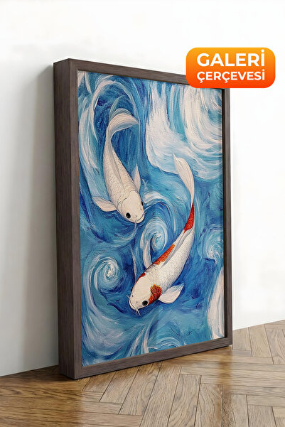 Zestia Εκτύπωση σε καμβά με καφέ πλαίσιο Koi Fish Blue Waves Ιαπωνικού στυλ P...