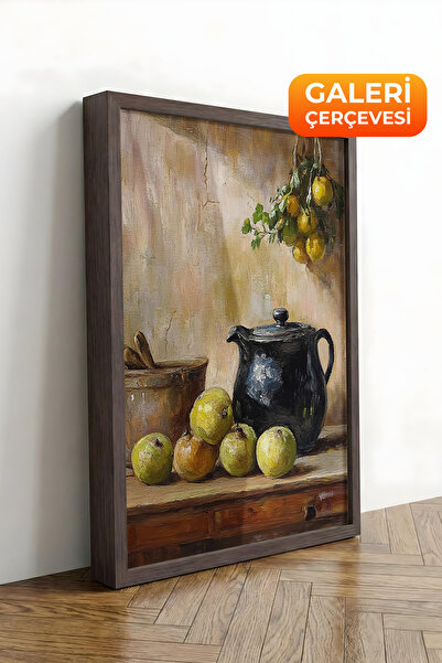 Zestia Καφέ πλαισιωμένος πίνακας σε καμβά με παλιά κανάτα και πιάτο, Νεκρή φύ...