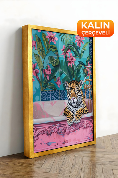 Zestia Εκτύπωση σε καμβά με χρυσό πλαίσιο Λεοπάρδαλη, Ταπετσαρία με λουλούδια...