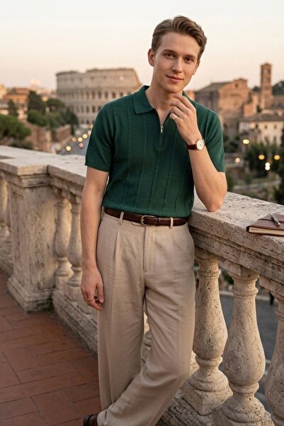 Maccali Men's Trend Summer Knitwear Green Polo Neck T-Shirt