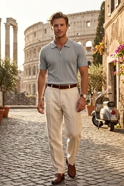 Maccali Men's Trend Summer Knitwear Gray Polo Neck T-Shirt