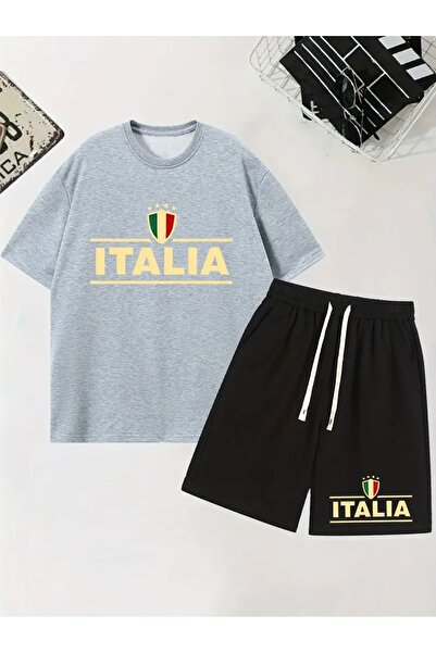 puolikuu Men's Oversized Tracksuit with Shorts - Italy Lettering Printed T-Sh...