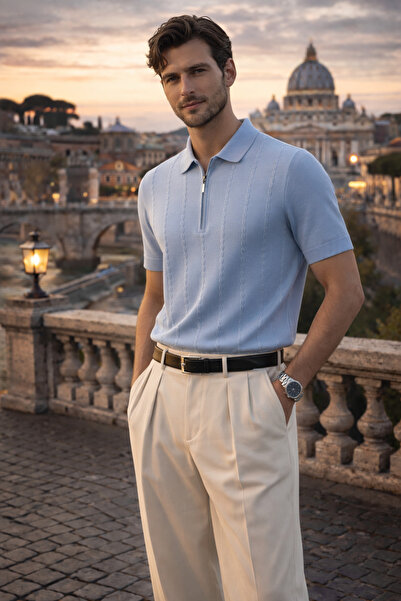 Maccali Men's Trend Summer Knitwear Blue Polo Neck T-Shirt