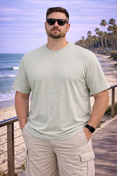 Maccali Men's Large Size Summer Trend Green Textured Linen T-Shirt