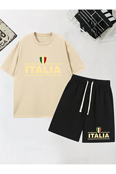 puolikuu Men's Oversized Tracksuit with Shorts - Italy Lettering Printed T-Sh...