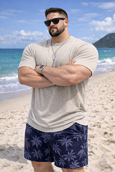 Maccali Men's Large Size Summer Beige Basic Linen T-Shirt