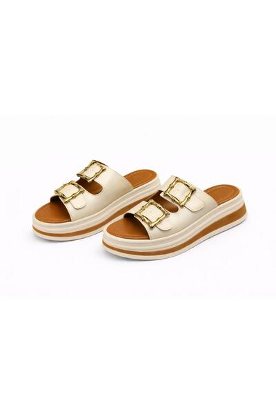 moun shoes Women's Beige Double Buckled Orthopedic Sole Daily Slipper