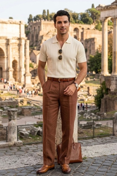 Maccali Men's Trend Summer Knitwear Beige Polo Neck T-Shirt