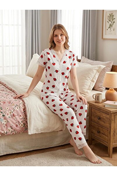 NOCHES PYJAMAS Women's White Strawberry Patterned Thin Wrinkled Buttoned Paja...