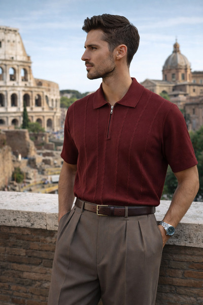 Maccali Men's Trend Summer Knitwear Claret Red Polo Neck T-Shirt