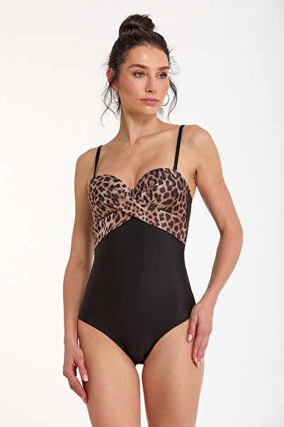 Argento Women's Leopard Printed Piece Draped Wired Covered Strapless Swimsuit