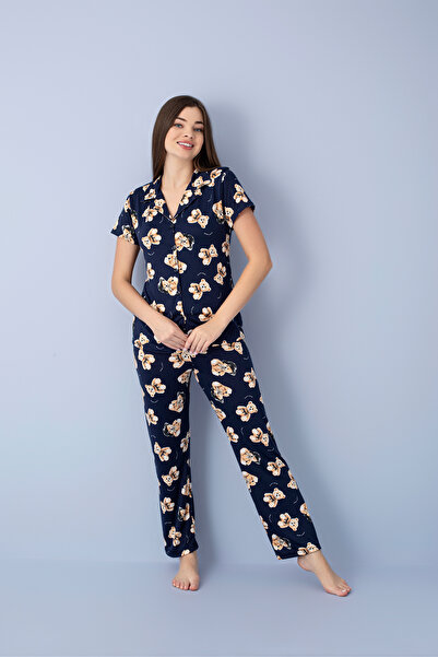 PIOVE Kadın Ayıcık Desenli Düğmeli Kısa Kollu Pijama Takımı – Lacivert Rahat ...