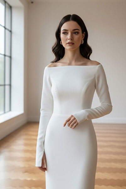 ENDAMIM Γυναικείο νυφικό με μακρύ μανίκι άνοιγμα με λαιμόκοψη σκαφάκι Με φόδρ...