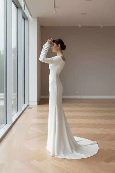 ENDAMIM Women's Boat Neck Long Sleeve Sweep Train Slit Pencil Wedding Dress Lined Crepe Fabric Wedding Gown