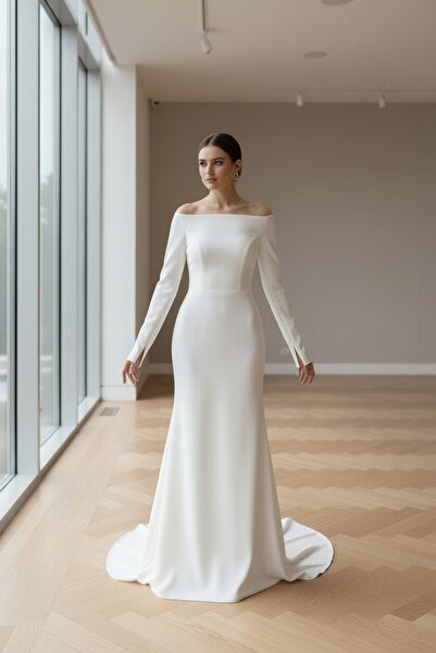 ENDAMIM Γυναικείο νυφικό με λαιμόκοψη σκάφος και μακριά μανίκια άνοιγμα Penci...