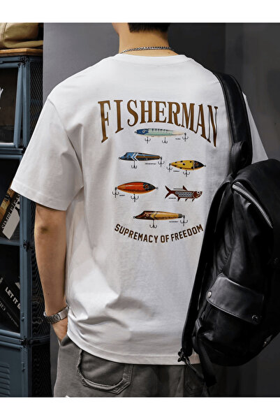 one button Bay Fısherman cu imprimeu Premium supradimensionat tricou