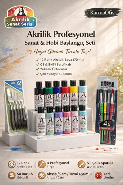 KarmaOfis 12 Renk Akrilik Boya Seti 70ml | Fırça + Spatula Dahil Profesyonel ...