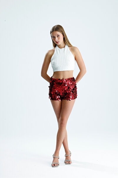 Sense Lined Sequin Detailed Evening Dress Shorts |   Şrt36396 Claret Red